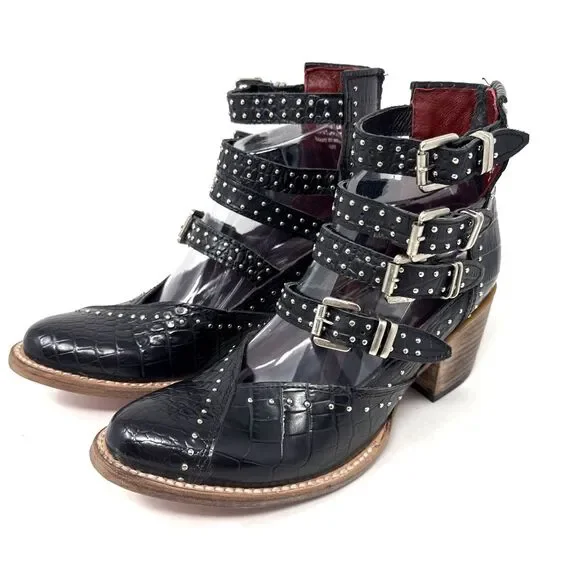 Freebird Felicity Strappy Studded Buckle Bootie Womens 8 Black Leather Red Sole - Picture 2 of 16